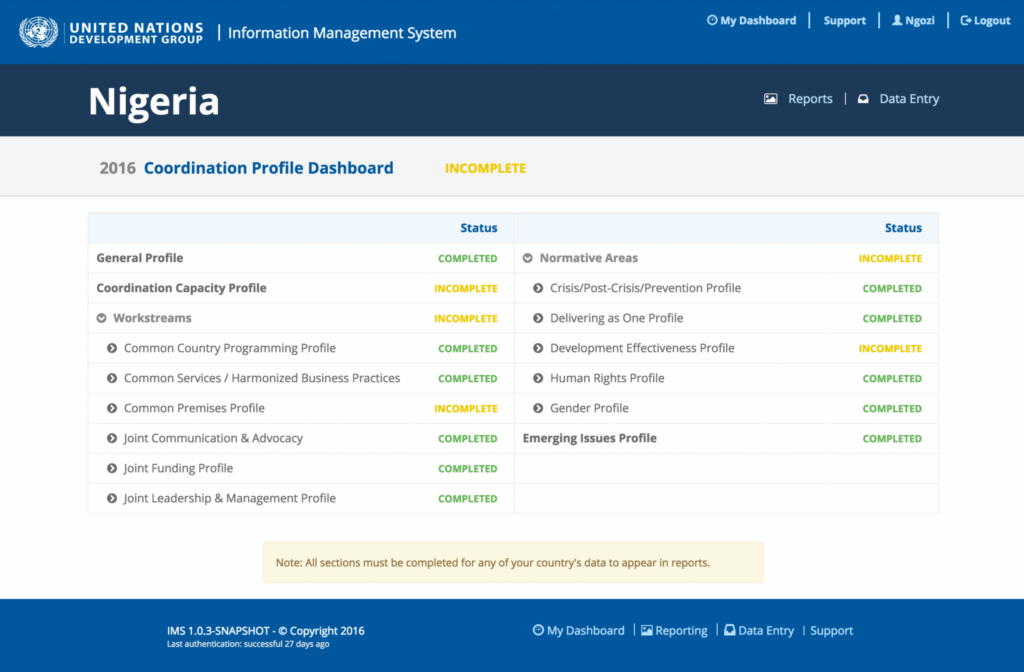Screenshot from UNDG IMS