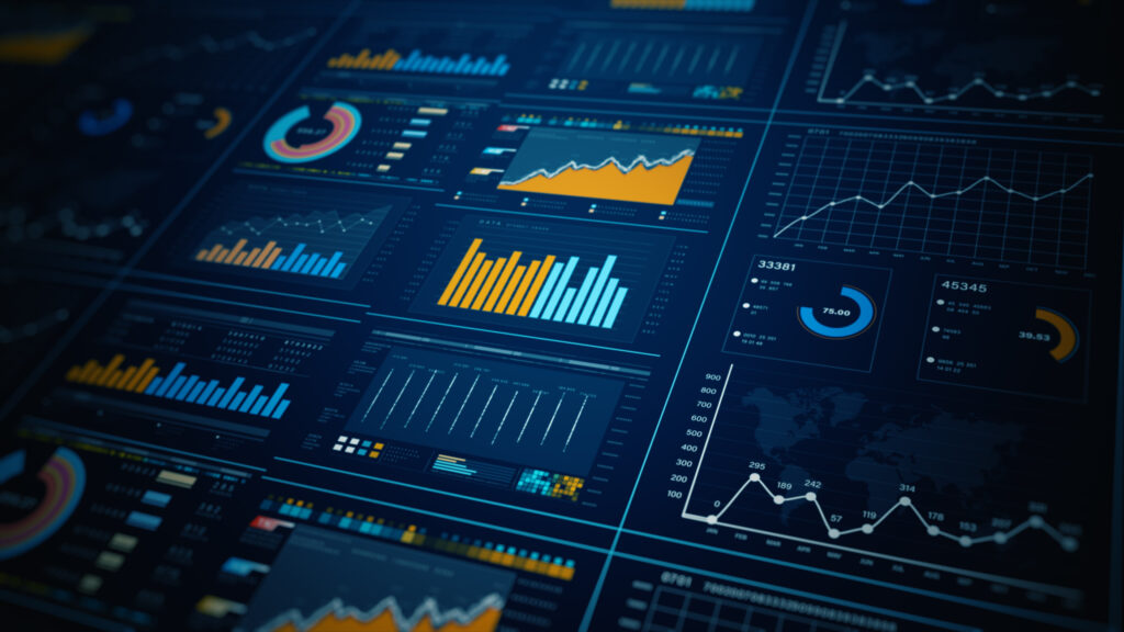 Dark blue background with graphs and charts